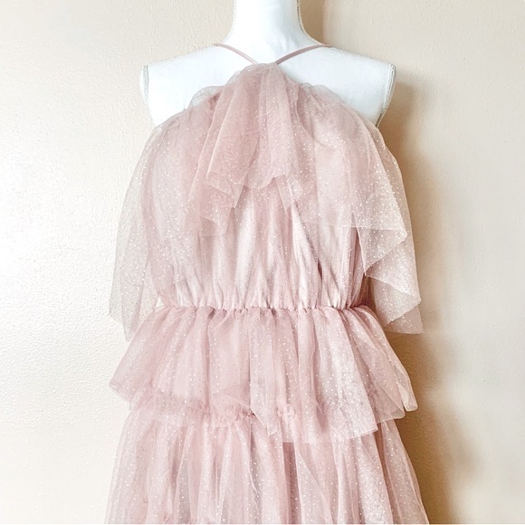 Arula Pink & Silver Speckled Glitter Halted Tulle Tiered Maxi Dress. - Picture 2 of 10
